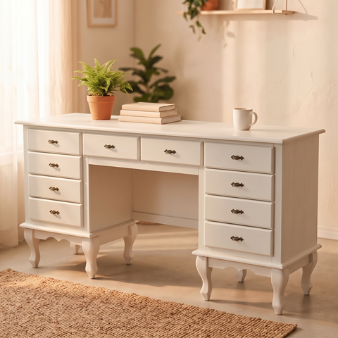 Mesa Escrivaninha 10 Gavetas Clássica Pés Luiz Xv Sala Quarto Ecomem Todo Branco