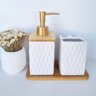 Kit Banheiro Lavabo Bambu Bandeja Porta Escova Sabonete 3 Pçs Quadrado Branco - 2
