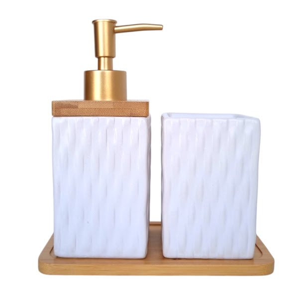 Kit Banheiro Lavabo Bambu Bandeja Porta Escova Sabonete 3 Pçs Quadrado Branco - 1