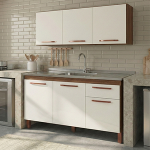 Kit Armário e Balcão de Cozinha 6 Portas e 1 Gaveta - Off White Ipê