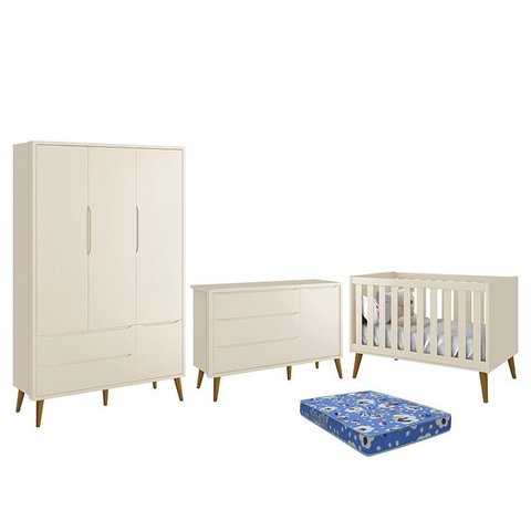 Dormitório Infantil Theo Retrô 3 Portas, Cômoda 1 Porta, Berço Areia Fosco com Pés Amadeirado e