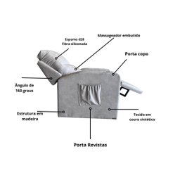 Poltrona Papai com Porta Copo Reclinável Massageador Courino:cinza - 3