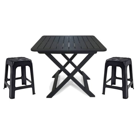Mesa Quadrada Dobrável 80x72cm Preta + 2 Banquetas Empilháveis