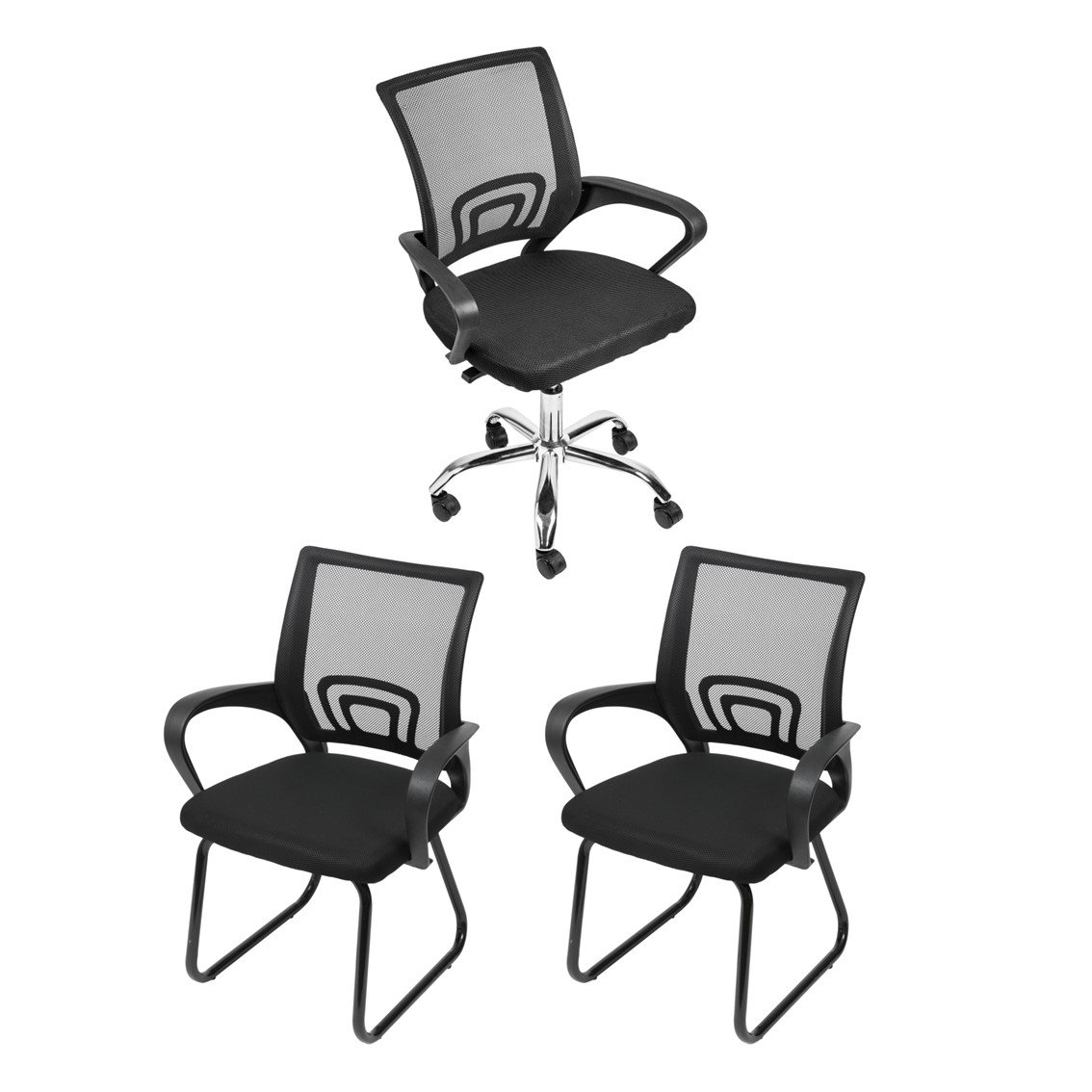 Kit Cadeira de Escritório 3 Peças com 1 Cadeira Tok Rodízio e 2 Cadeiras Tok Fixa OR Design
