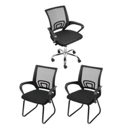 Kit Cadeira de Escritório 3 Peças com 1 Cadeira Tok Rodízio e 2 Cadeiras Tok Fixa - 1