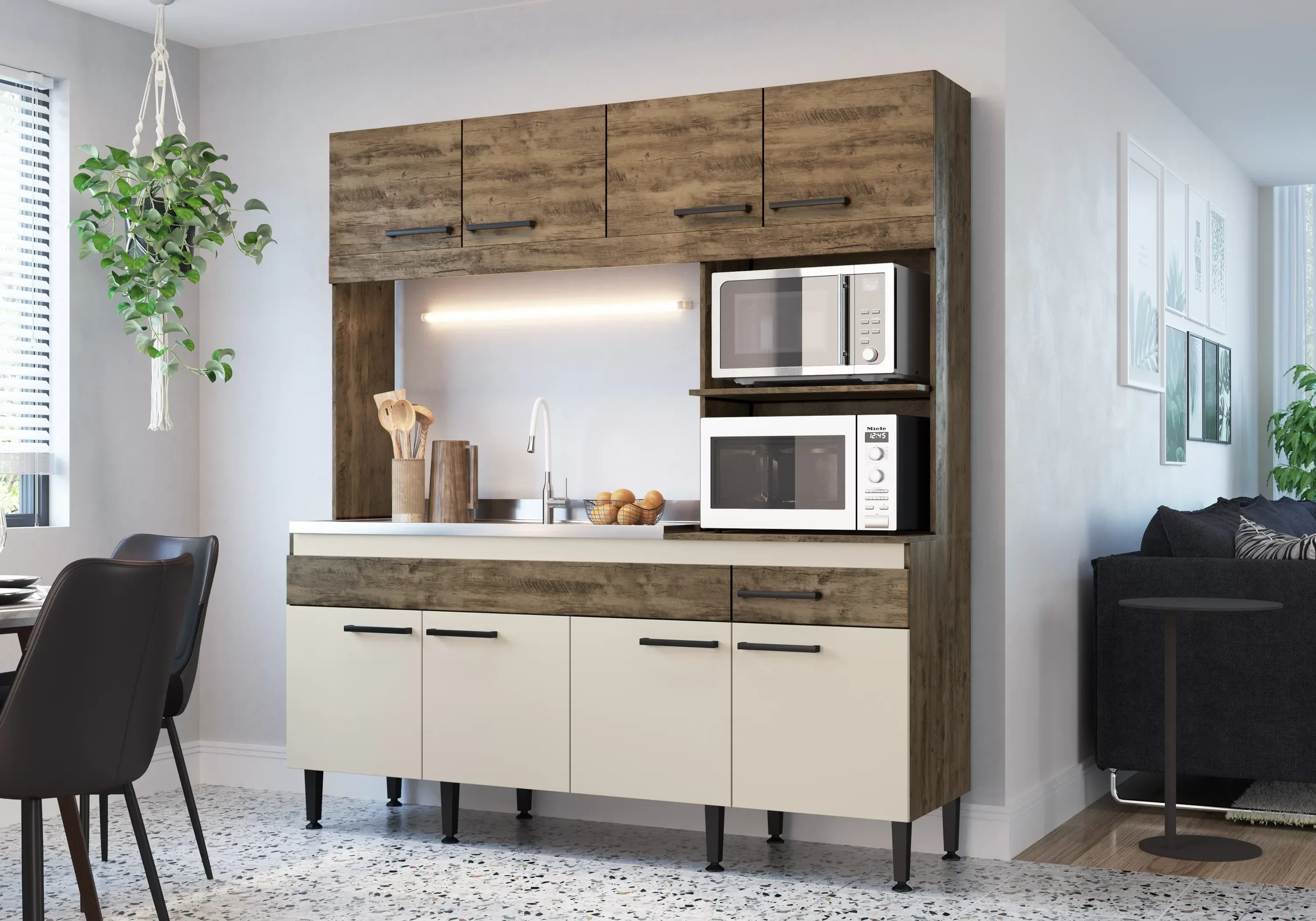 Cozinha Compacta 8 Portas 1 Gaveta 2 Nichos Luisa Móveis Marrom