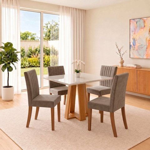 Conjunto Sala de Jantar Mesa Lisa 90cm com Tampo MDF e Vidro Canto Reto 4 Cadeiras Lily