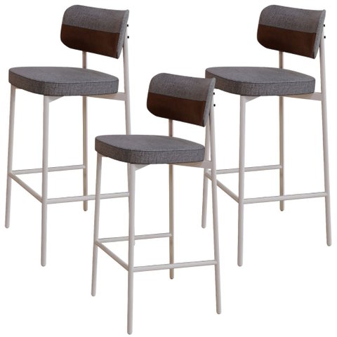 Kit 03 Banquetas Alta Bar Cozinha Sala de Jantar Aço Branco Kaira C01 Linho Cinza Courino Whisky - L
