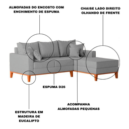 Sofá 3 Lugares Beny com Chaise Direito Linho Cinza - 6