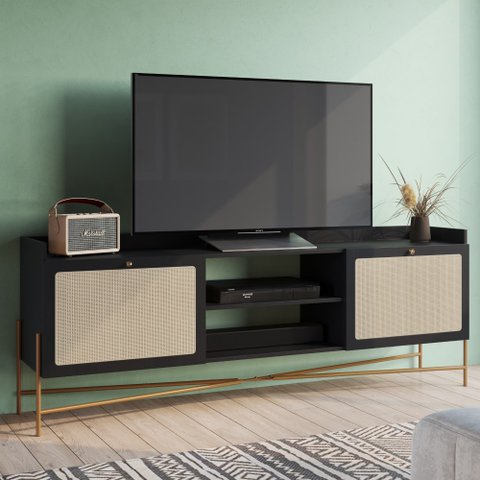 Rack Oslo 2 Portas Mdf Hanover ou Nero Base Metal Dourada - Artesano