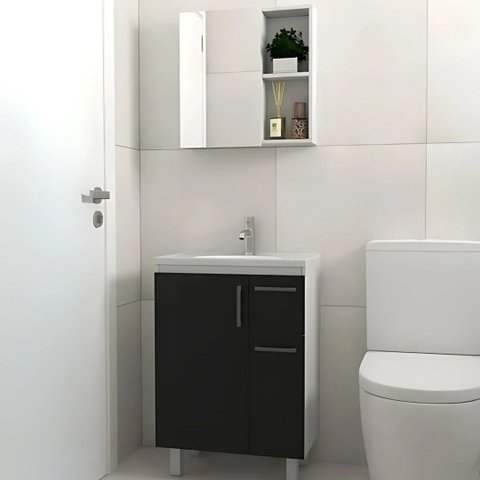 Conjunto Gabinete de Banheiro com Cuba e Espelheira Armário:Branco/Preto