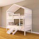 Ver imagem 1 de Beliche Solteiro Casinha com Cortina Kit Escada/escorregador Madeira Maciça Branco Megamobilia