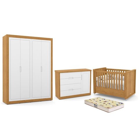 Dormitório Tutto New 4 Portas, Cômoda 1 Porta, Berço Freijó/Branco Soft com Colchão D18 - Matic Móve