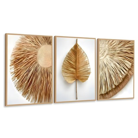 Kit 3 Quadros Folhagem Palha Nude Moldura:castanho
