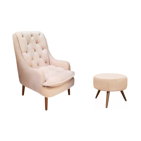 Kit Poltrona Lille e Puff Suede Bege - Dominic Decor