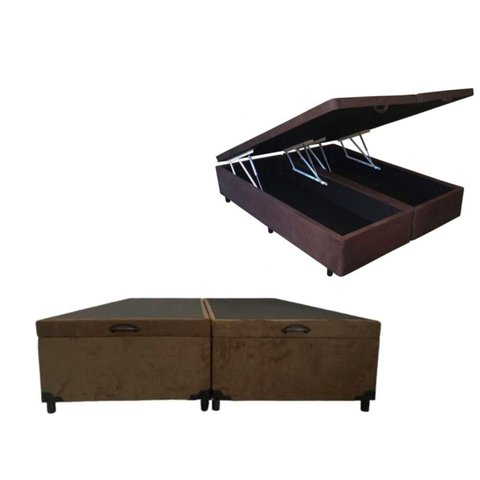 Cama Báu Box Base King Bipartido Suede Marrom com Pistão a Gás.