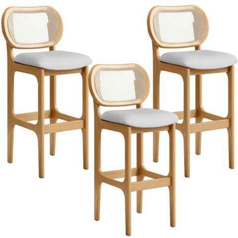 Kit 03 Banquetas Altas para Cozinha Bancada Sala Tela Betta Fixa L02 Linho Cinza - Lyam