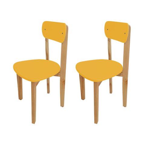 Kit 2 Cadeiras Infantil para Refeitório Assento e Encosto Amarelo Base Madeira
