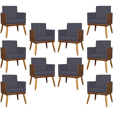 Kit 10 Poltronas Decorativas Lis Corino e Linho Cores Pé Palito 30 Cm Castanho