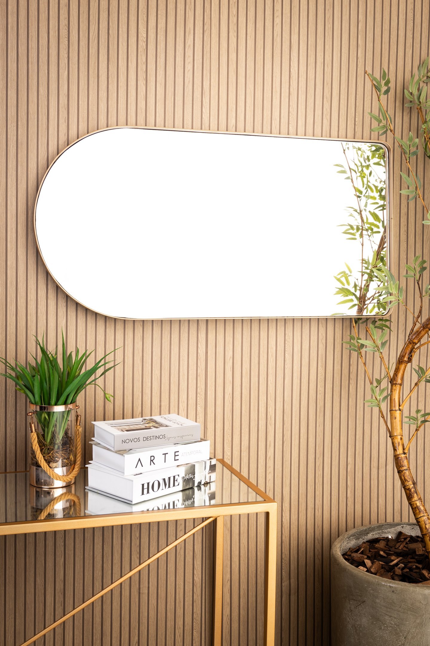 Espelho Decorativo Oval Janela Base Reta com Moldura Metal Dourado 100 X 50 Cm - 4