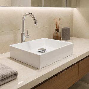 Kit Cuba Retangular Banheiro Sobrepor + Válvula Click Inteligente Inox 40x28 Decormobily