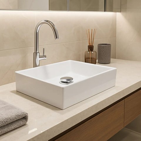 Kit Cuba Retangular Banheiro Sobrepor + Válvula Click Inteligente Inox 40x28 Decormobily