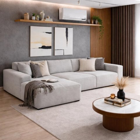 Sofá 3 Lugares 2,75m Bouclê com Chaise Compactair - Balaqui Cinza Claro