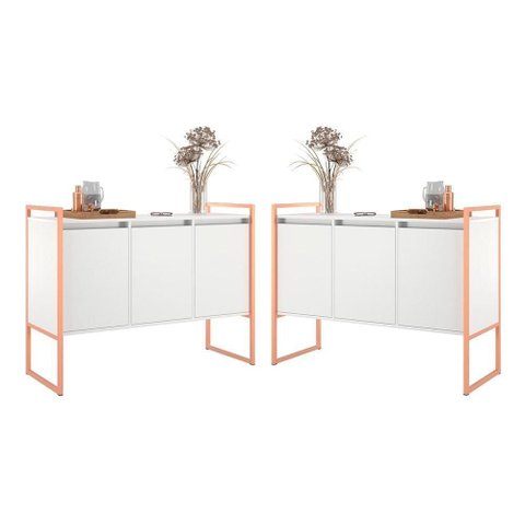 Aparador Rima Industrial 3 Portas 2 Unidades MDP Aço 120cm Branco Cobre