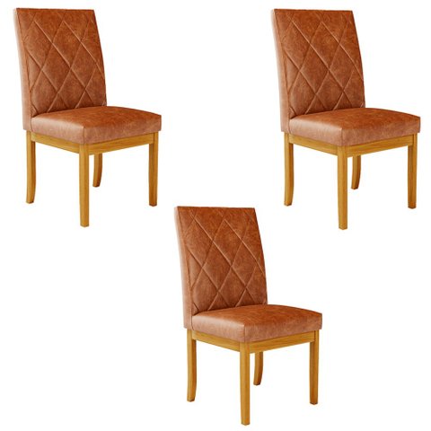 Kit 3 Cadeiras de Sala de Jantar Estofadas Gomes Madeira Maciça PU Marrom G78 - Gran Belo Cadeira de