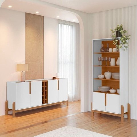 Buffet 190cm e Cristaleira com Pés de Madeira Maciça Lizz Branco/Cedro