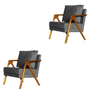 Kit 2 Poltronas Decorativa Mona Madeira Maciça Linho Cinza