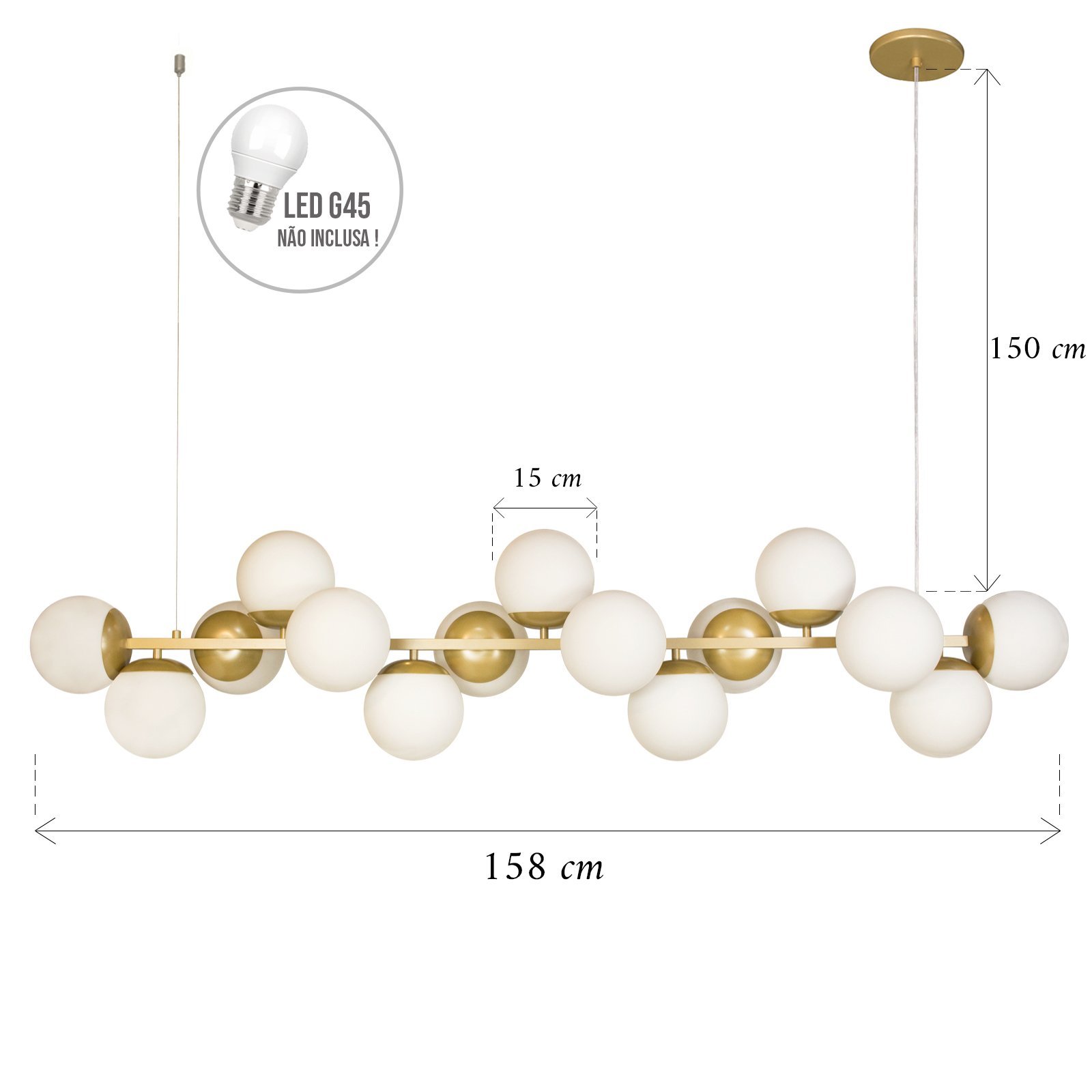 Luminária Pendente com 15 Globos de Vidro Estilo Jabuticaba Mod. Wg15.1 Wood Iluminação Dourado - 5