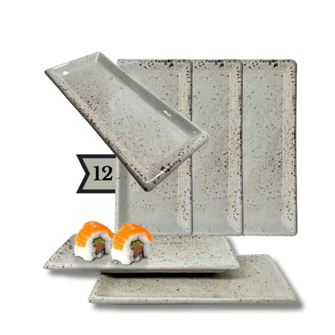 Jogo 12 Pratos Mesa Sushi Kakusara Retangular Porcelana Creme Prattos