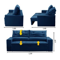 Sofá Retrátil e Reclinável 2 lugares com Molas 1,50m Laisa Suede Azul Madelina Decor - 2
