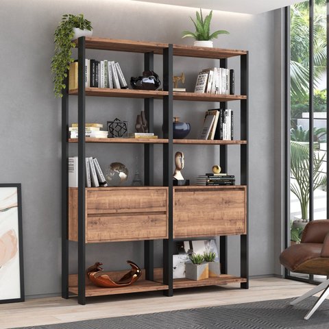 Estante Industrial 1 Porta 2 Gavetas 8 Prateleiras 183CMX140CM Marrom/Preto/Solanum