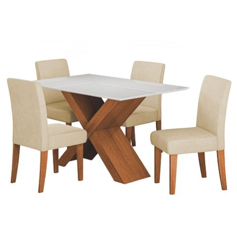 Conjunto de Mesa Sala de Jantar Tampo com Vidro 1,36m Grécia 4 Cadeiras Trieste Dobuê