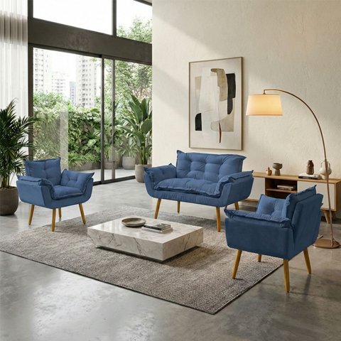 Kit Namoradeira Decorativa e 2 Poltronas Confortável para Sala Recepção Manicure Alice Suede