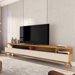 Rack para TV até 86 Polegadas MDF 217cm Pés em Madeira Maciça Vivare Wood 2.2 com 3 Gavetas Off White e Nature - 1
