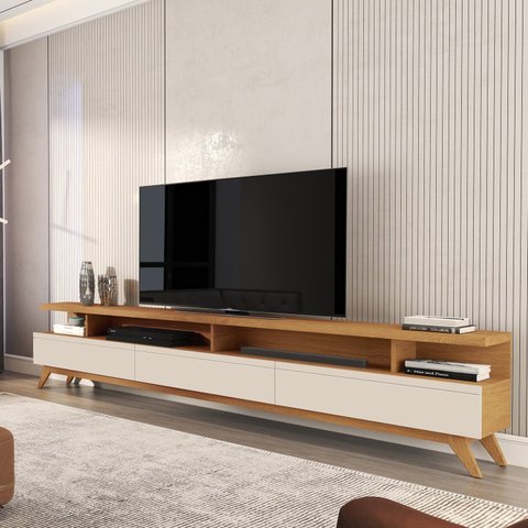 Rack para TV até 86 Polegadas MDF 217cm Pés em Madeira Maciça Vivare Wood 2.2 com 3 Gavetas Off White e Nature
