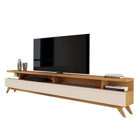 Rack para TV até 86 Polegadas MDF 217cm Pés em Madeira Maciça Vivare Wood 2.2 com 3 Gavetas Off White e Nature