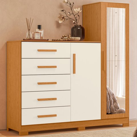 Cômoda para Quarto 5 Gavetas e 2 Portas com Espelho New Master