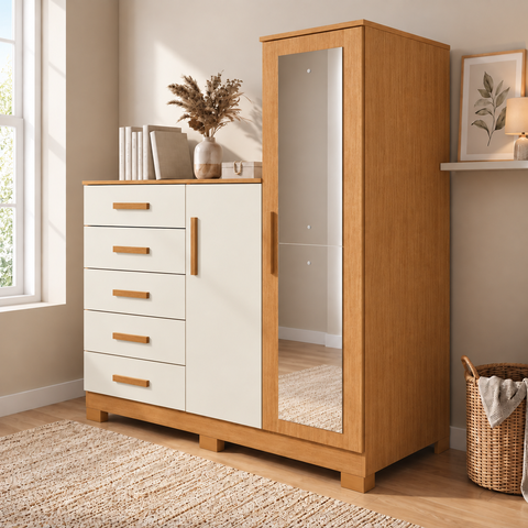 Cômoda 5 Gavetas com Espelho 2 Portas New Master Bege Cinamomo Off White