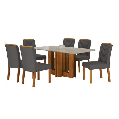 Conjunto Sala de Jantar Sofia 1,60m Tampo Vidro Off com 6 Cadeiras Jade Cinamomo/Joli Chumbo