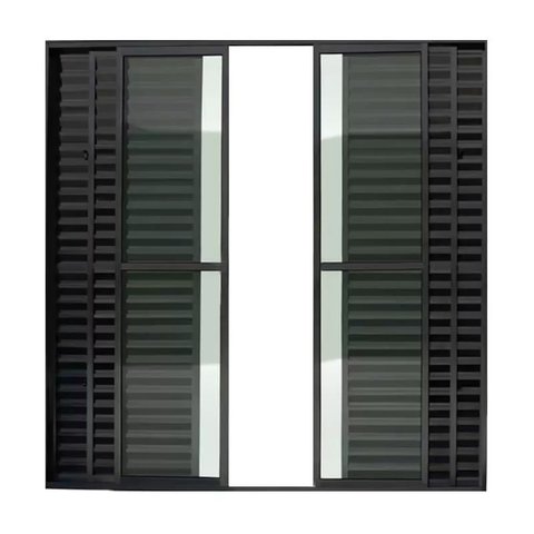 Porta de Alumínio de Correr 6 Folhas Com Trinco Abertura Central 210x150cm Preto Allo Esquadrias