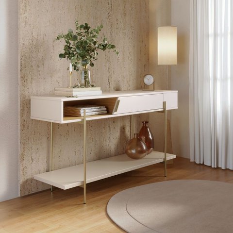 Aparador Mesa Estreita com 1 Porta Basculante Sena Pés de Metal Off White Matte Freijó Colibri
