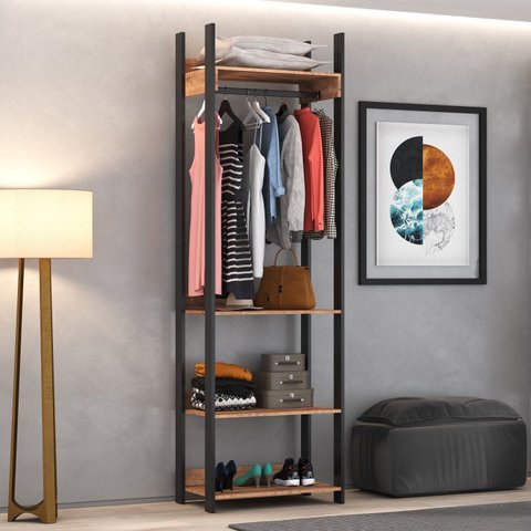 Guarda Roupa Closet Industrial 4 Prateleiras 1 Cabideiro M117 Marrom/Preto/Solanum