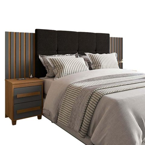 Cabeceira Ripada Estofada Casal / Queen / King com 2 Criados Suíça Rv Móveis Cinamomo/grafite