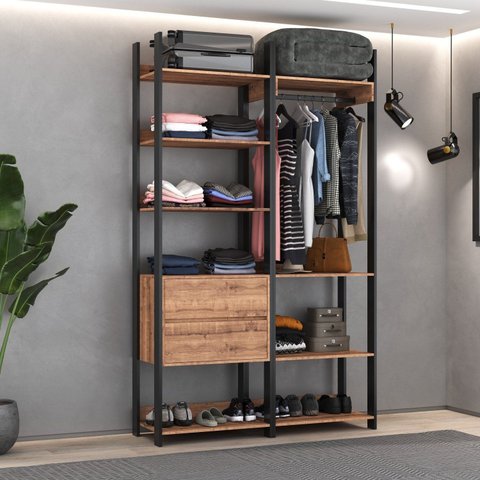 Guarda Roupa Closet Industrial 2 Gavetas 6 Prateleiras com Cabideiro M118 Marrom/Preto/Solanum