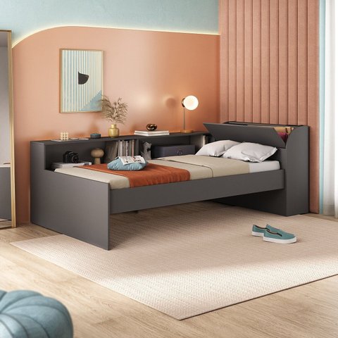 Cama Solteiro com Nicho 220x80cm Aria Cinza/Grafite
