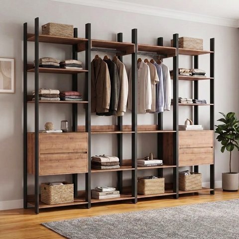 Guarda-Roupa Casal Closet Industrial com 4 Gavetas Marrom/Preto/Solanum